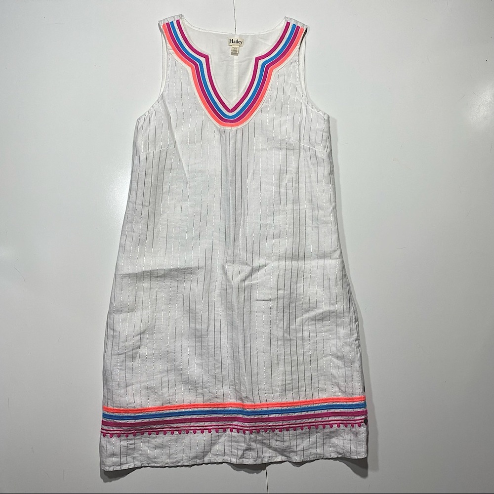 Hatley 100%Linen White With Metallic Silver Stripes Portia Sheath Dress Size M